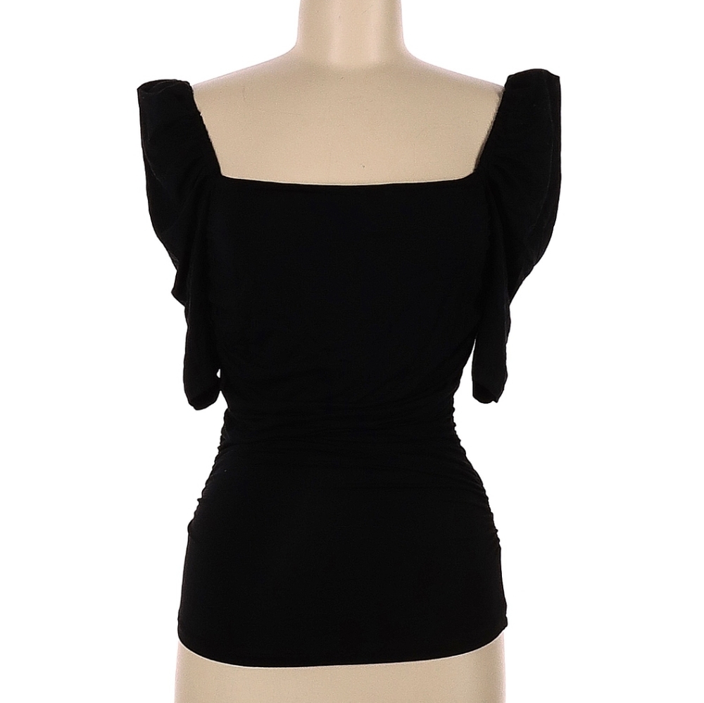 FRAME Betty Knitted Black Noir Square Neck Ruched Puff Sleeve Top Shirt - Picture 13 of 16
